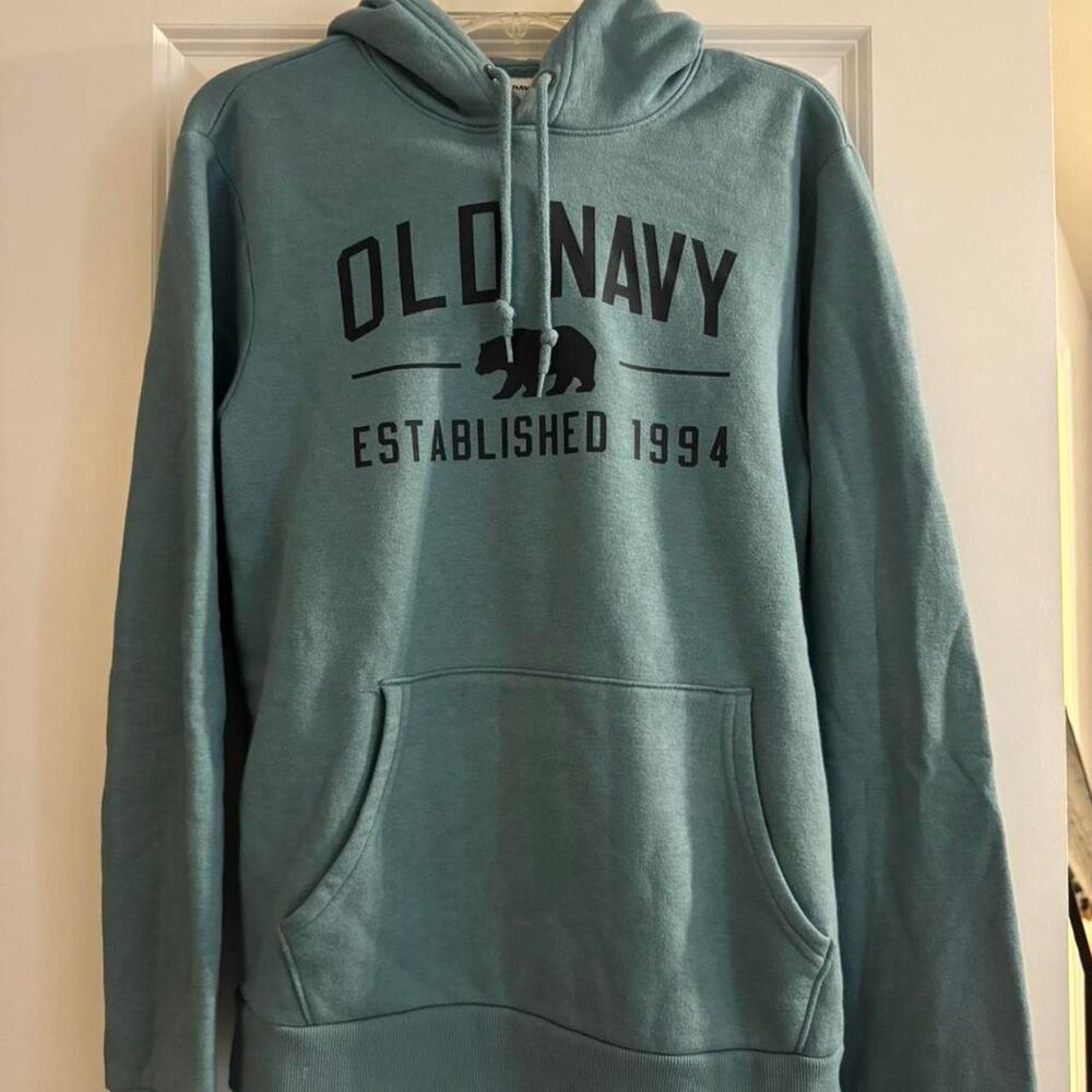 Old Navy Teal Blue Graphic Logo Hoodie Pullover Size Large